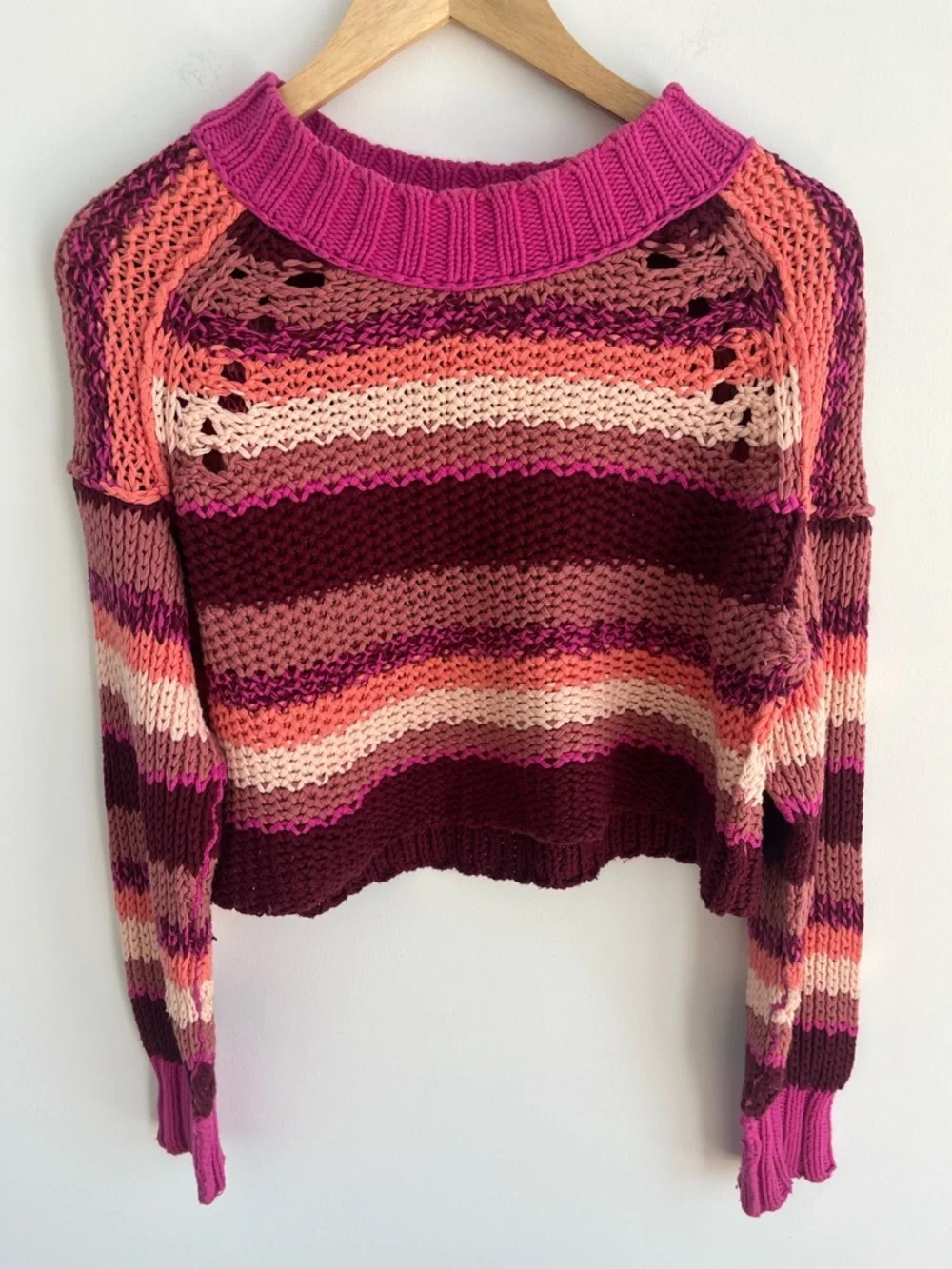 Free People Devon Stripe Crop Sweater Fuchsia Pink Chunky Knit, XS
